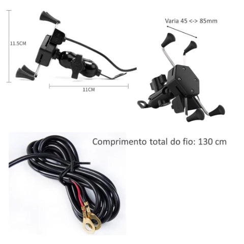 Suporte Garra Para Celular Moto Universal Com Carregador Usb