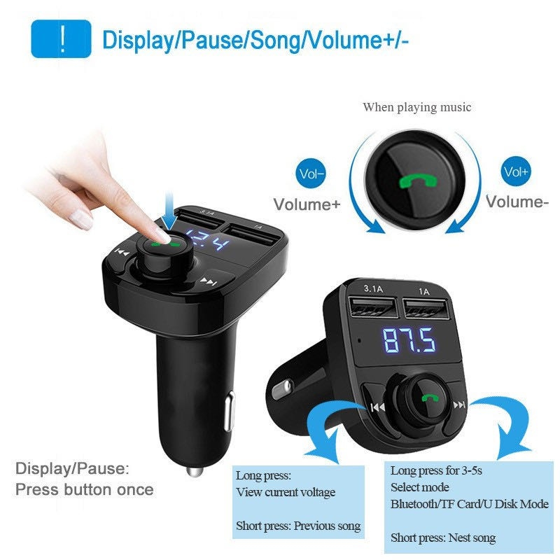 Carregador Carro Transmissor Fm Bluetooth Veicular X8 Mp3 Rádio