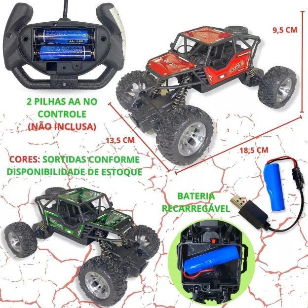 Brinquedo Carrinho Rock Crawler Off Road Recarregável de Controle Remoto